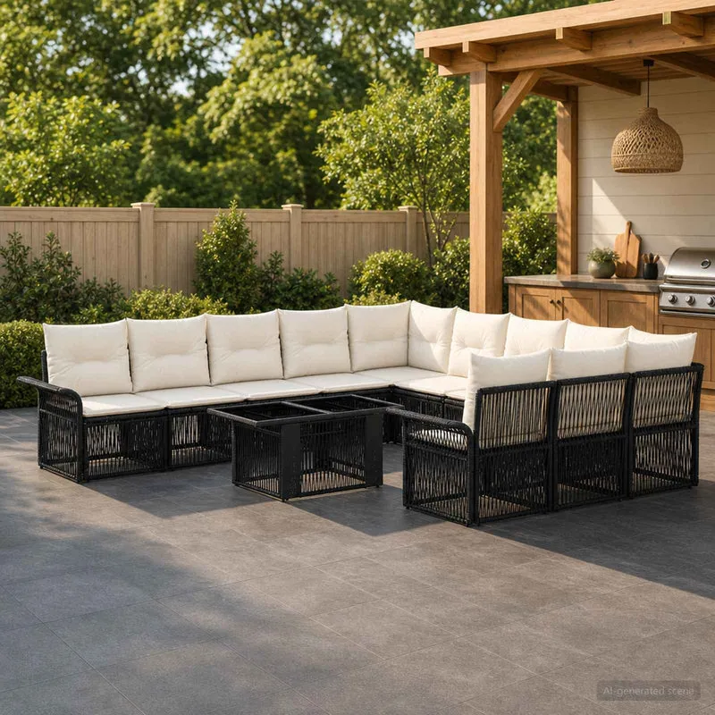 vidaXL Tuinbank Set 12 st Zwart en Crème Wit poly rattan