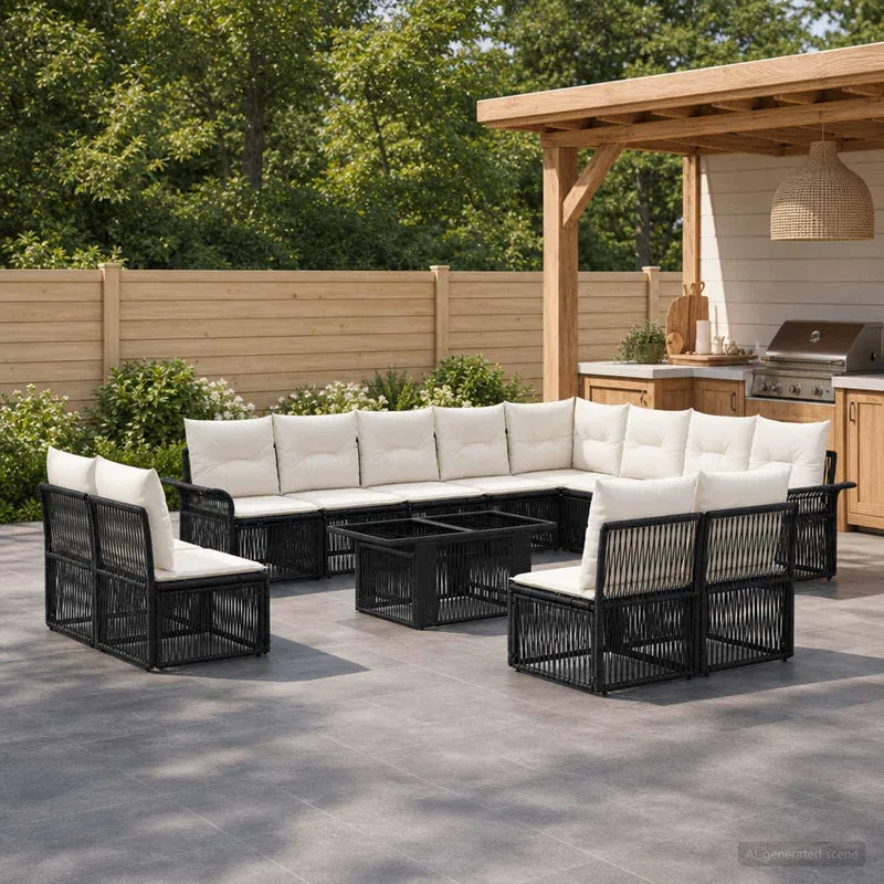 vidaXL Tuinbank Set 13 st Zwart en Crème Wit poly rattan