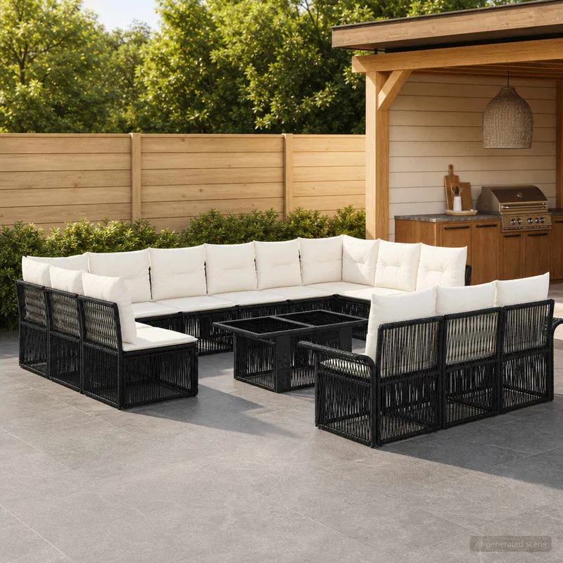 vidaXL Tuinbank Set 14 st Zwart en Crème Wit poly rattan