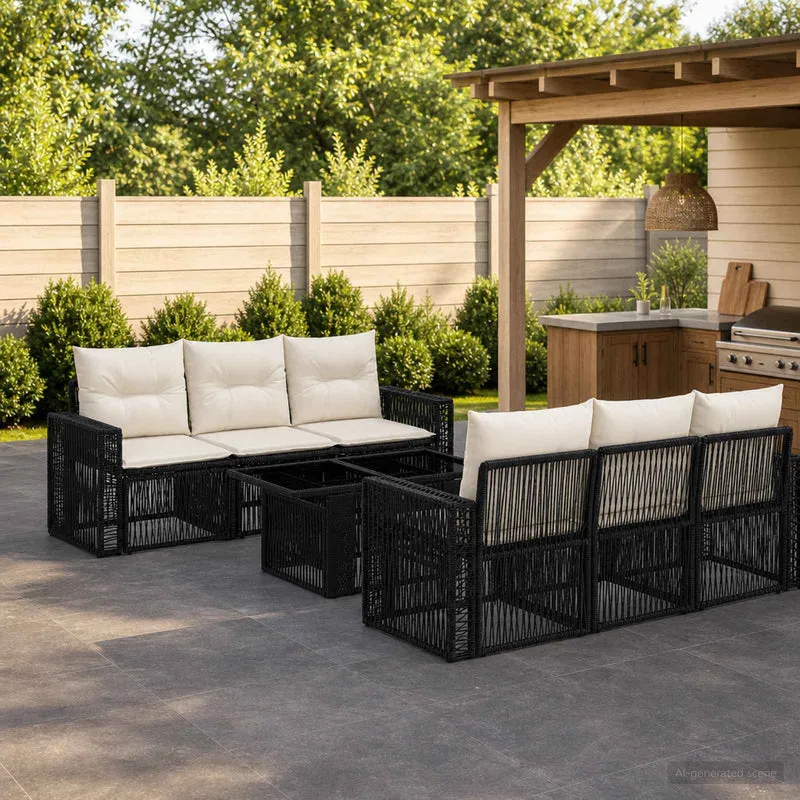vidaXL Tuinbank Set 7 st Zwart en Crème Wit poly rattan