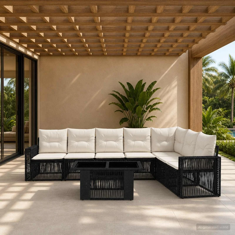 vidaXL Tuinbank Set 8 st Zwart en Crème Wit poly rattan