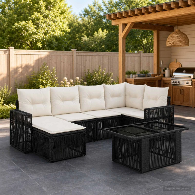 vidaXL Tuinbank Set 7 st Zwart en Crème Wit poly rattan