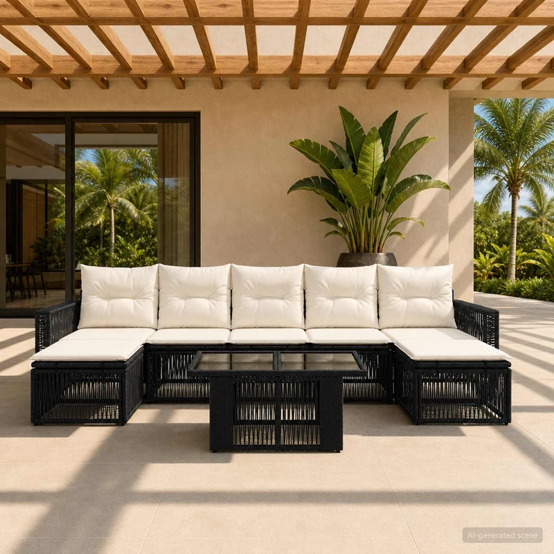 vidaXL Tuinbank Set 8 st Zwart en Crème Wit poly rattan