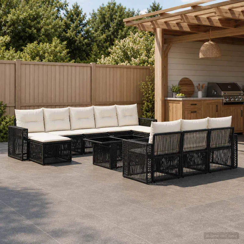 vidaXL Tuinbank Set 11 st Zwart en Crème Wit poly rattan