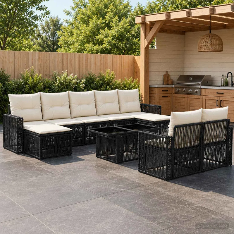 vidaXL Tuinbank Set 10 st Zwart en Crème Wit poly rattan