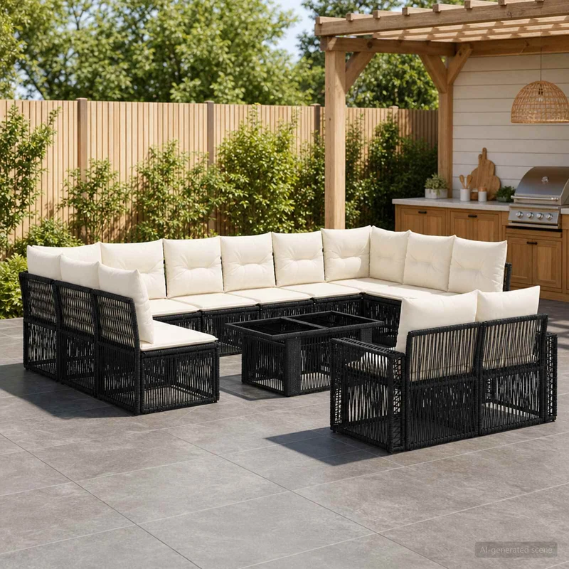 vidaXL Tuinbank Set 13 st Zwart en Crème Wit poly rattan