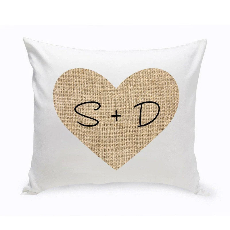 Burlap Heart Couples Personalized Throw Pillow