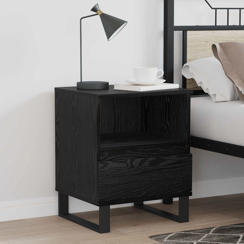 vidaXL Bedkast met lade Zwart Eiken 40 x 35 x 50 cm Bewerkt hout