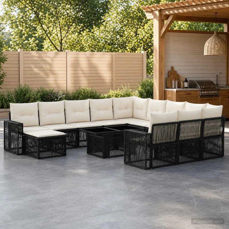 vidaXL Tuinbank Set 13 st Zwart en Crème Wit poly rattan