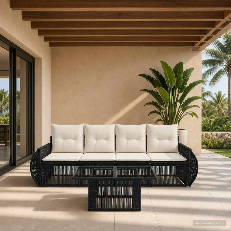 vidaXL Tuinbank Set 5 st Zwart en Crème Wit poly rattan