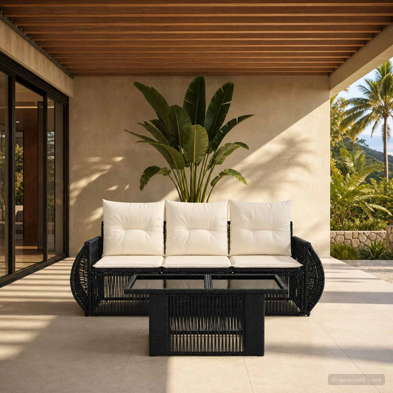 vidaXL Tuinbank Set 4 st Zwart en Crème Wit poly rattan