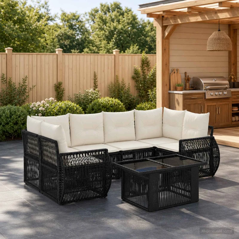 vidaXL Tuinbank Set 7 st Zwart en Crème Wit poly rattan