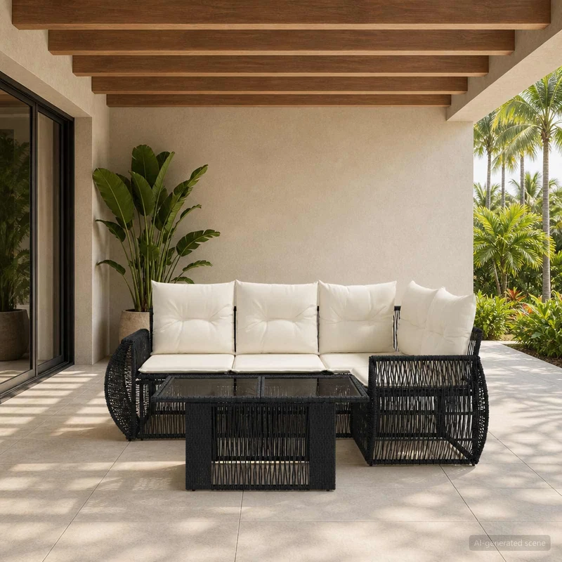 vidaXL Tuinbank Set 5 st Zwart en Crème Wit poly rattan