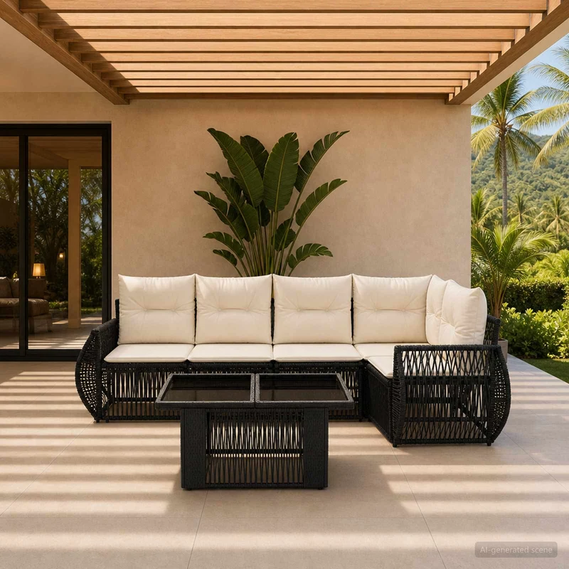 vidaXL Tuinbank Set 6 st Zwart en Crème Wit poly rattan