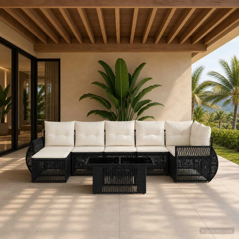 vidaXL Tuinbank Set 8 st Zwart en Crème Wit poly rattan