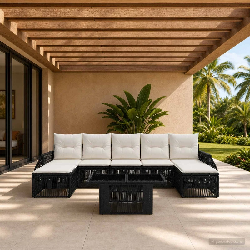 vidaXL Tuinbank Set 8 st Zwart en Crème Wit poly rattan