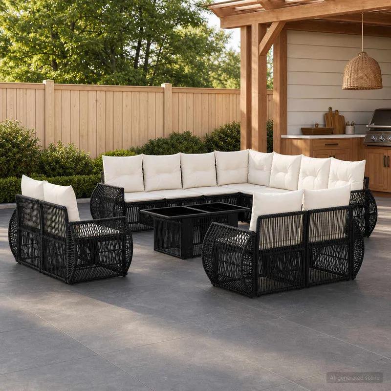 vidaXL Tuinbank Set 12 st Zwart en Crème Wit poly rattan