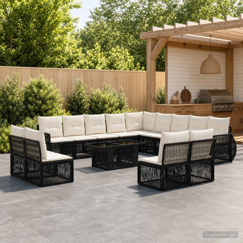 vidaXL Tuinbank Set 14 st Zwart en Crème Wit poly rattan
