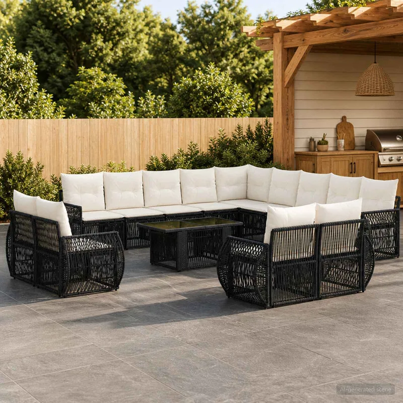 vidaXL Tuinbank Set 14 st Zwart en Crème Wit poly rattan