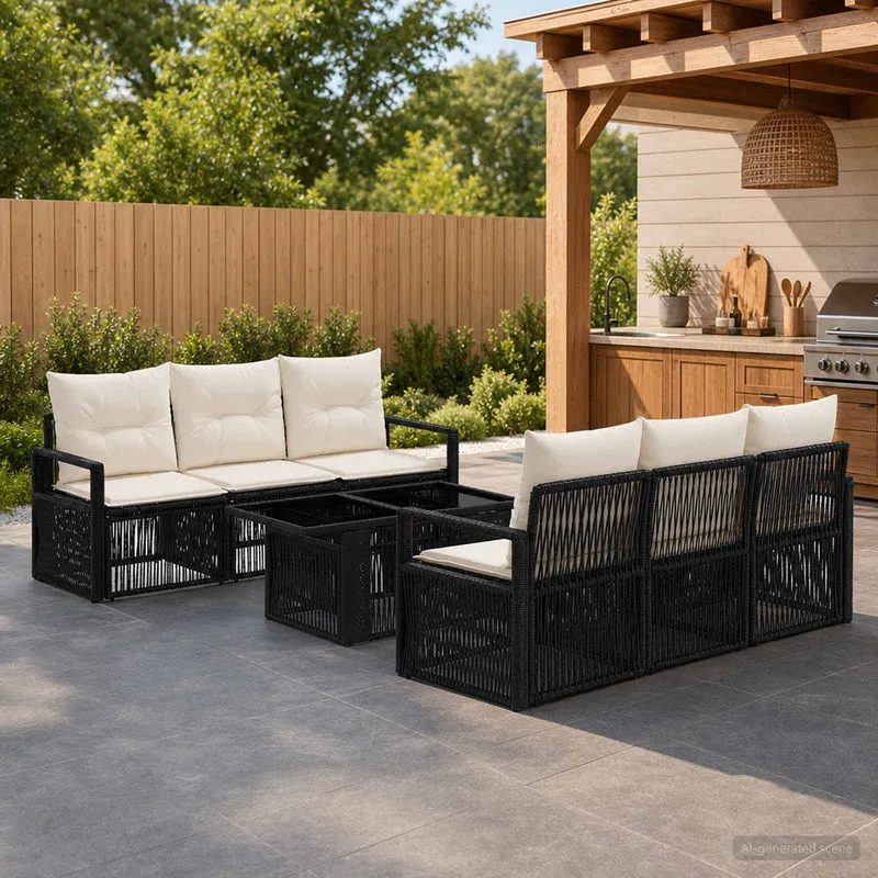 vidaXL Tuinbank Set 7 st Zwart en Crème Wit poly rattan