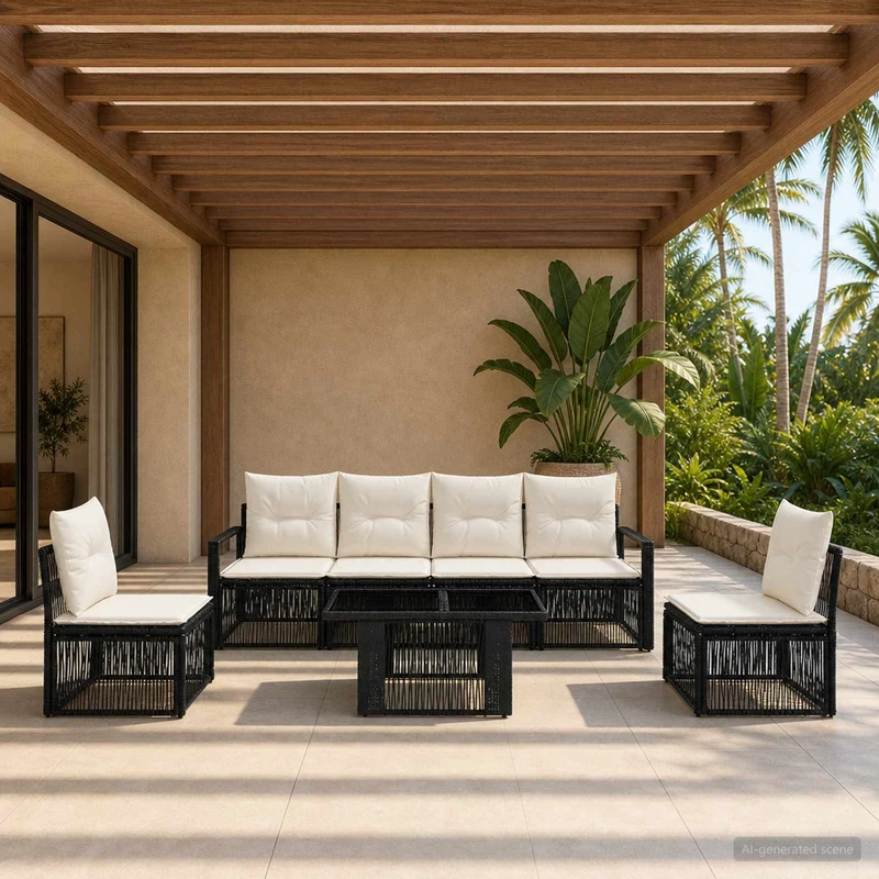 vidaXL Tuinbank Set 7 st Zwart en Crème Wit poly rattan