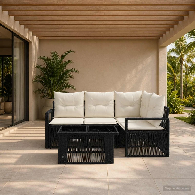 vidaXL Tuinbank Set 5 st Zwart en Crème Wit poly rattan