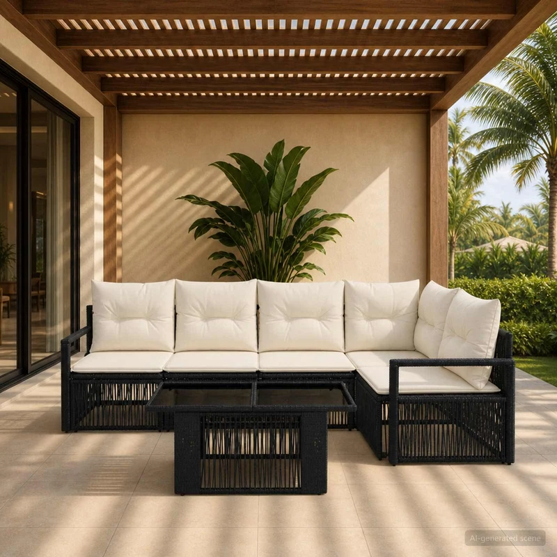 vidaXL Tuinbank Set 6 st Zwart en Crème Wit poly rattan