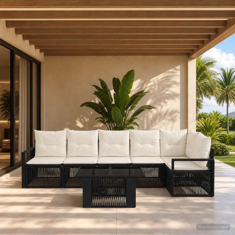 vidaXL Tuinbank Set 7 st Zwart en Crème Wit poly rattan