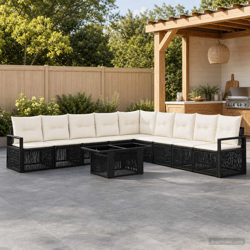 vidaXL Tuinbank Set 10 st Zwart en Crème Wit poly rattan