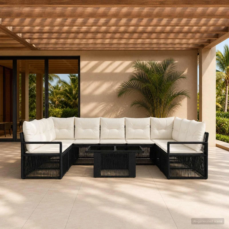 vidaXL Tuinbank Set 10 st Zwart en Crème Wit poly rattan