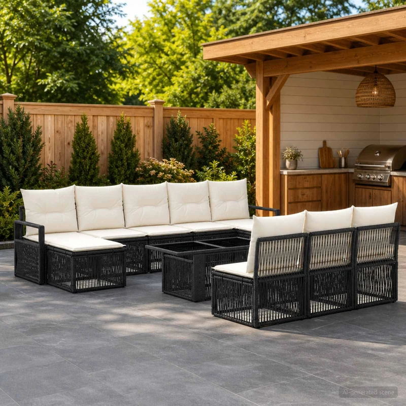 vidaXL Tuinbank Set 11 st Zwart en Crème Wit poly rattan
