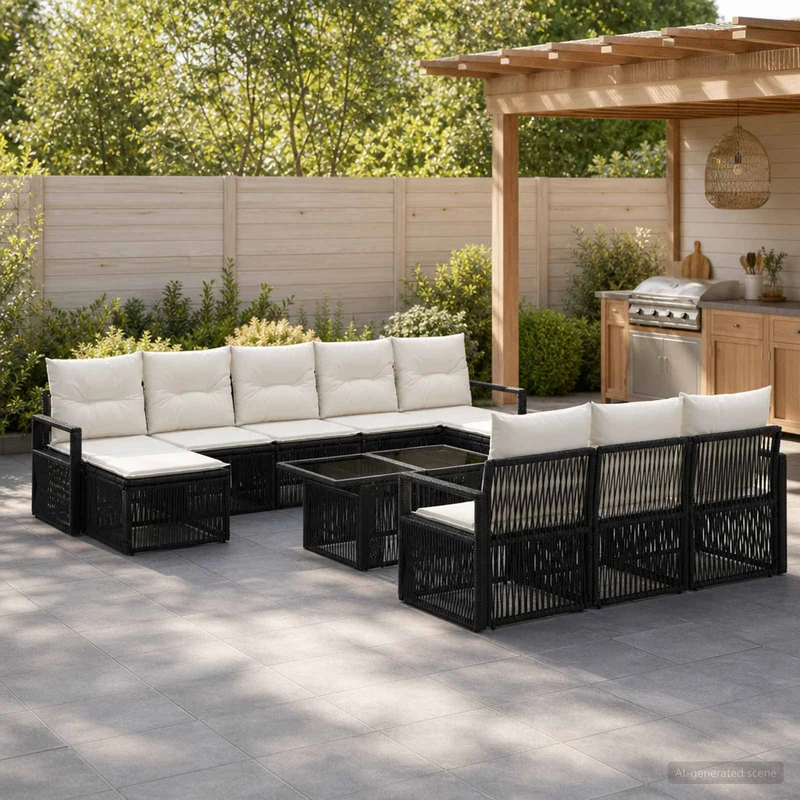 vidaXL Tuinbank Set 11 st Zwart en Crème Wit poly rattan