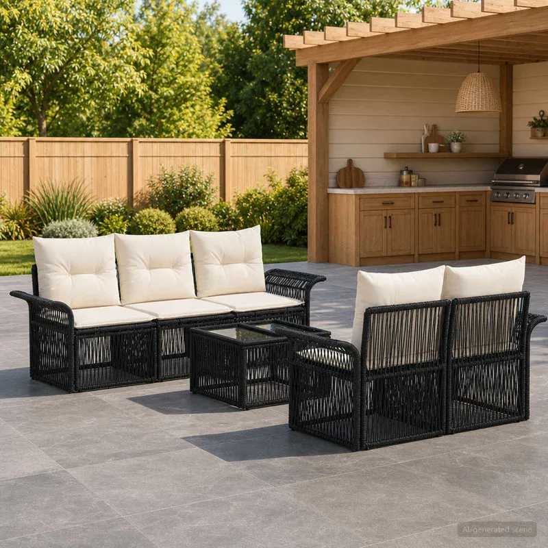 vidaXL Tuinbank Set 6 st Zwart poly rattan