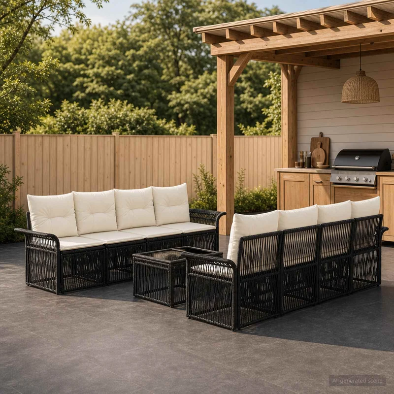 vidaXL Tuinbank Set 9 st Zwart poly rattan