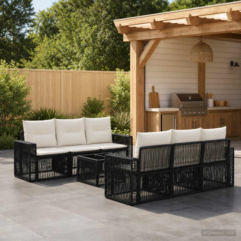 vidaXL Tuinbank Set 7 st Zwart poly rattan
