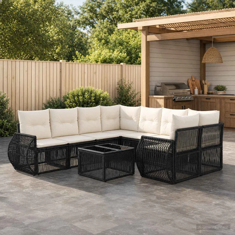 vidaXL Tuinbank Set 9 st Zwart poly rattan