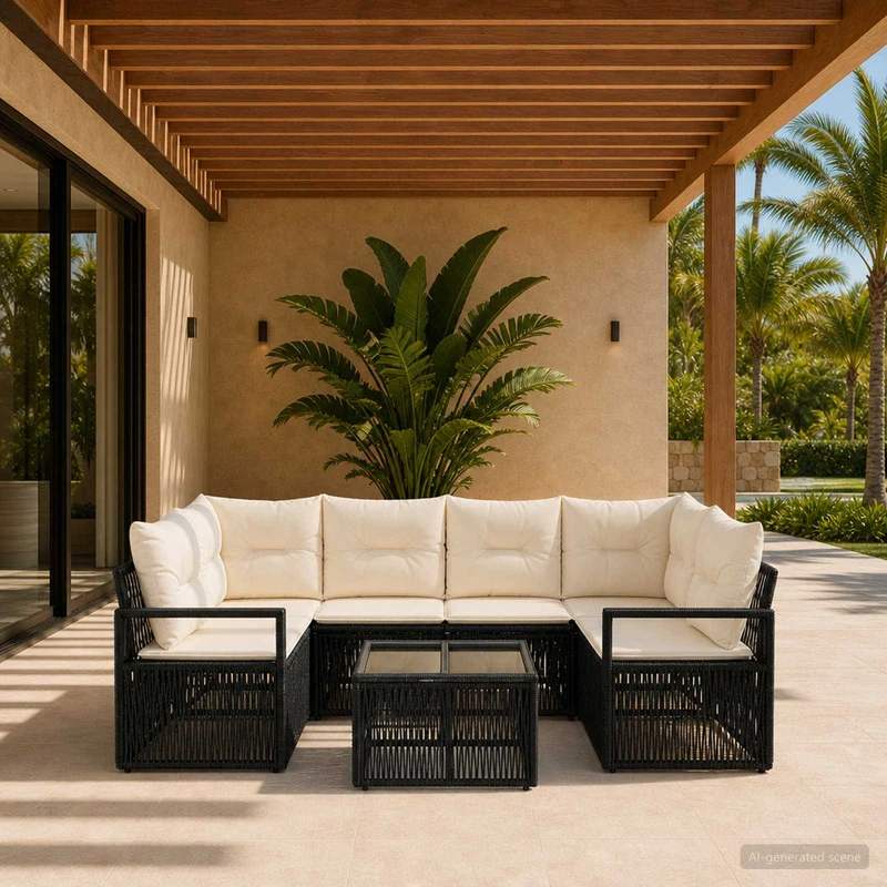 vidaXL Tuinbank Set 7 st Zwart poly rattan