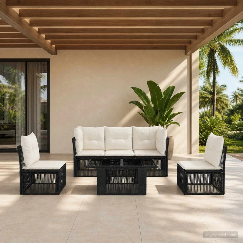 vidaXL Tuinbank Set 6 st Zwart poly rattan