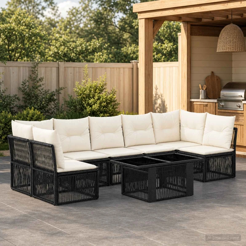 vidaXL Tuinbank Set 7 st Zwart poly rattan