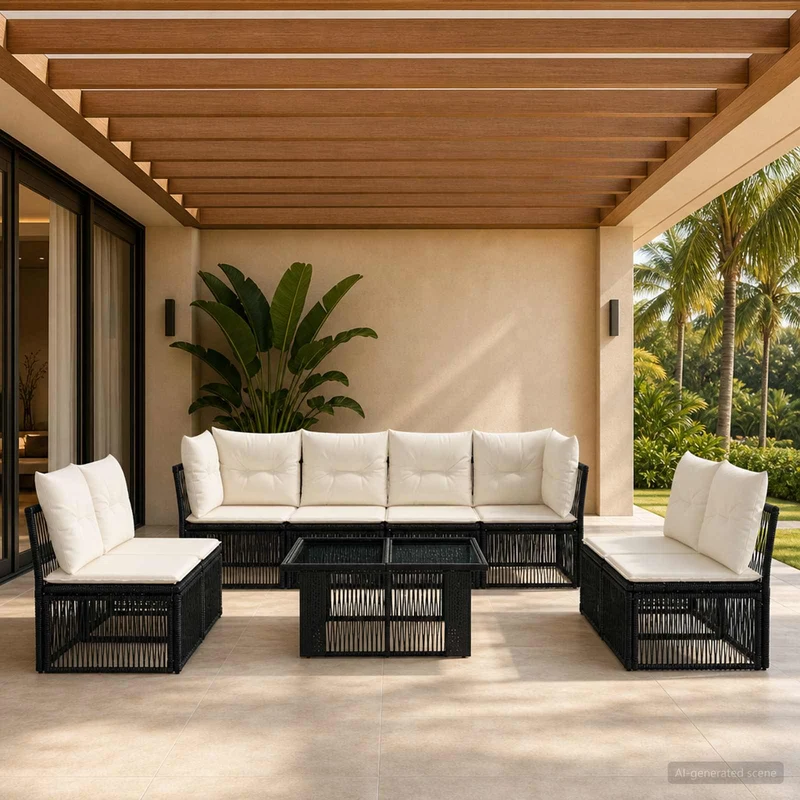 vidaXL Tuinbank Set 9 st Zwart poly rattan