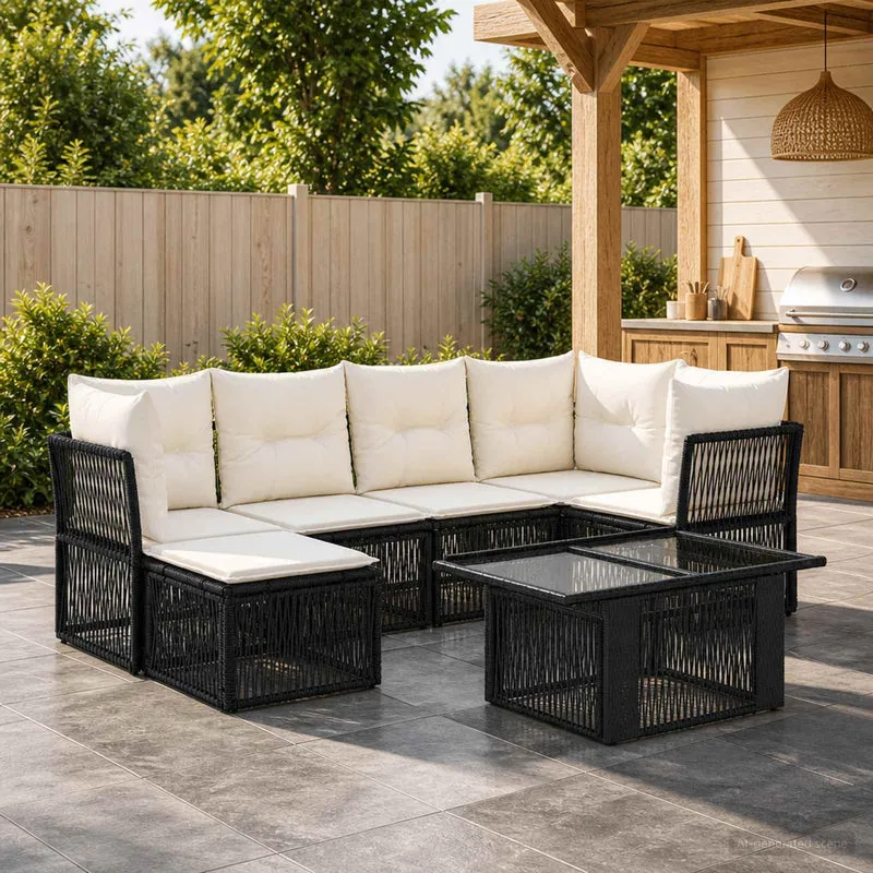 vidaXL Tuinbank Set 7 st Zwart poly rattan