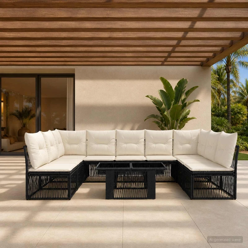 vidaXL Tuinbank Set 10 st Zwart poly rattan