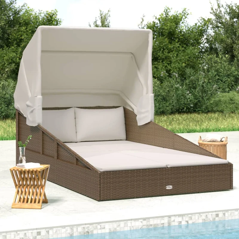 vidaXL Ligbed met inklapbaar dak 200x114x128 cm poly rattan bruin
