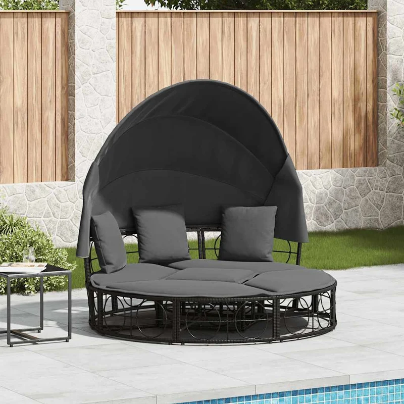 vidaXL Loungebed met luifel en kussens poly rattan zwart