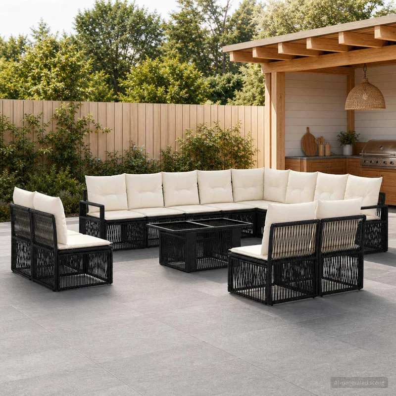vidaXL Tuinbank Set 13 st Zwart en Crème Wit poly rattan