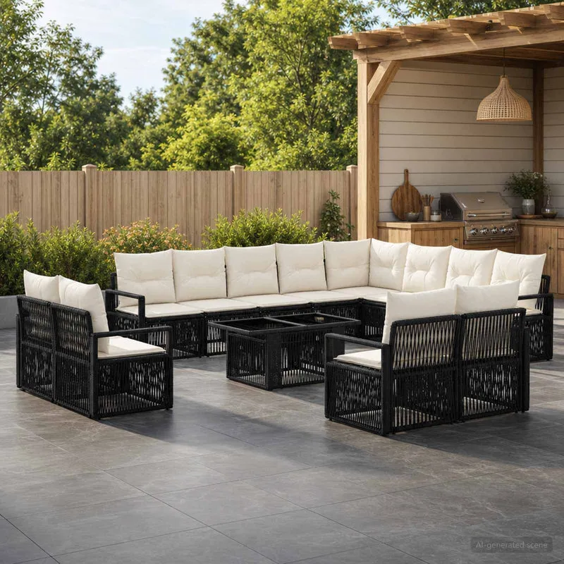 vidaXL Tuinbank Set 13 st Zwart en Crème Wit poly rattan