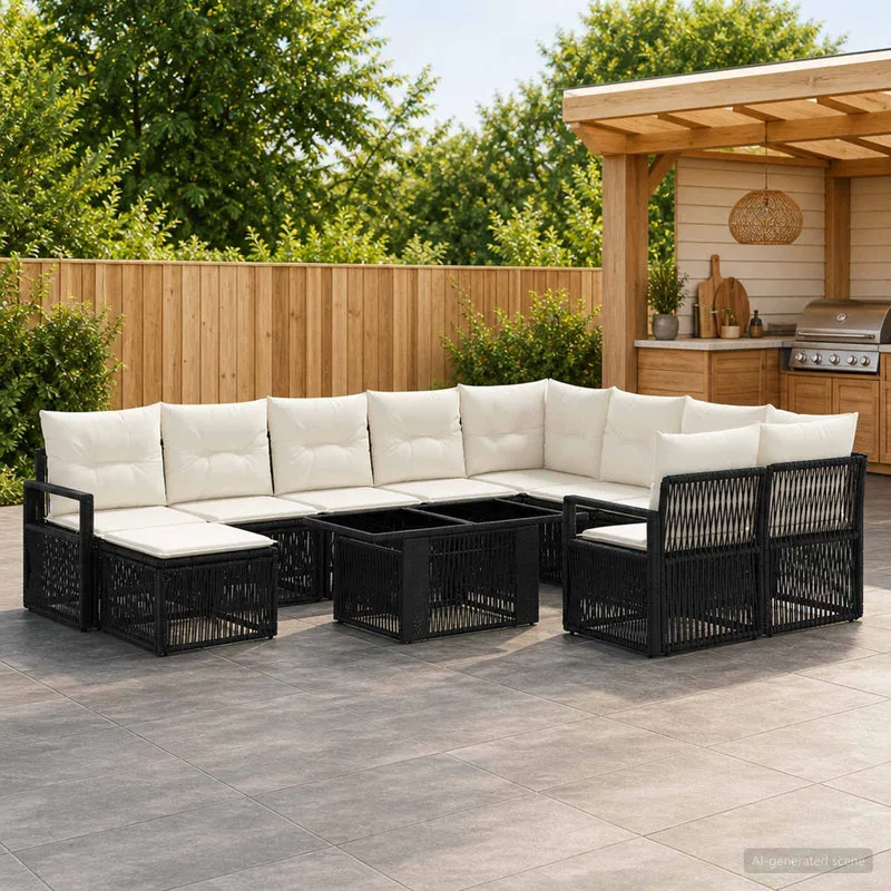 vidaXL Tuinbank Set 11 st Zwart en Crème Wit poly rattan
