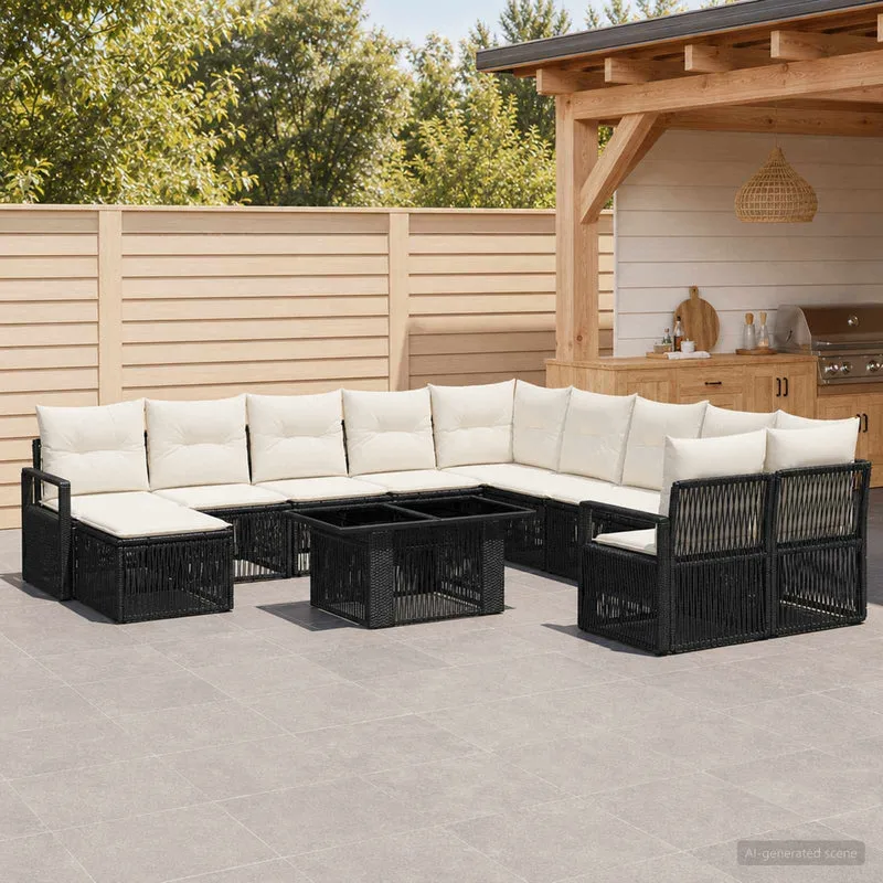 vidaXL Tuinbank Set 12 st Zwart en Crème Wit poly rattan