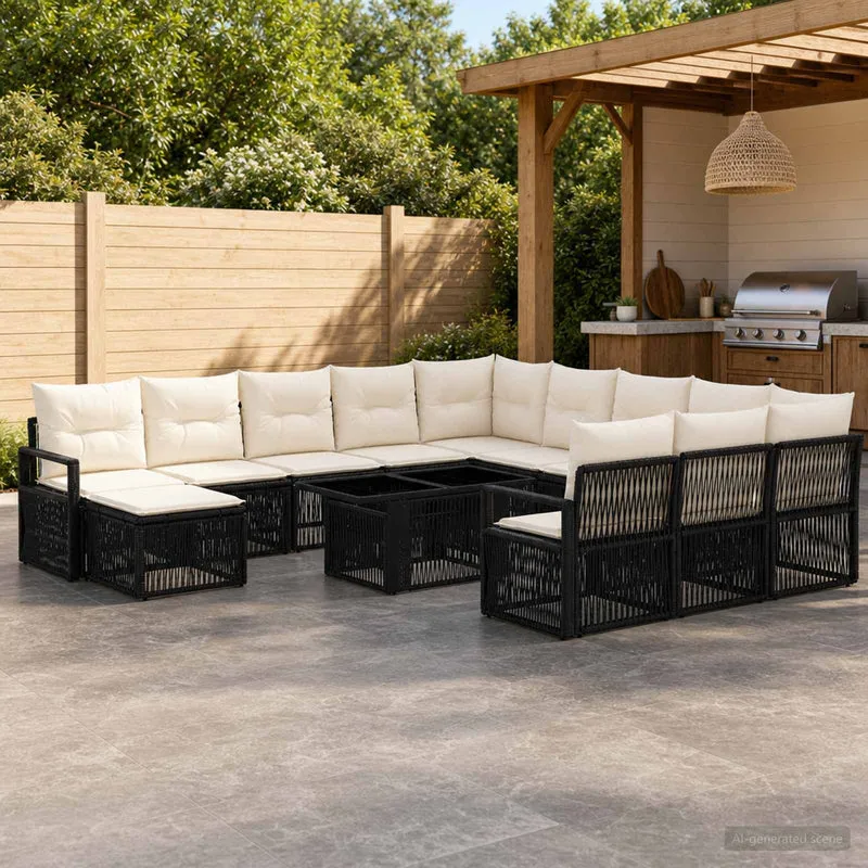 vidaXL Tuinbank Set 13 st Zwart en Crème Wit poly rattan