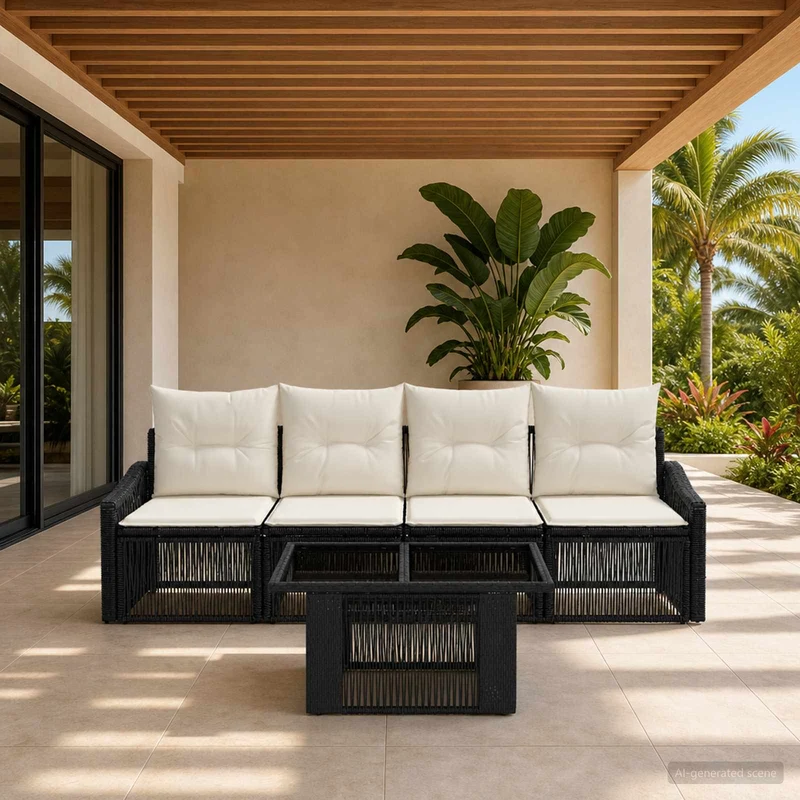vidaXL Tuinbank Set 5 st Zwart en Crème Wit poly rattan